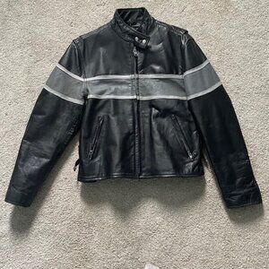 🏍️ Vintage Hot Leathers Biker Jacket Black & Grey Stripe Leather Moto Jacket
